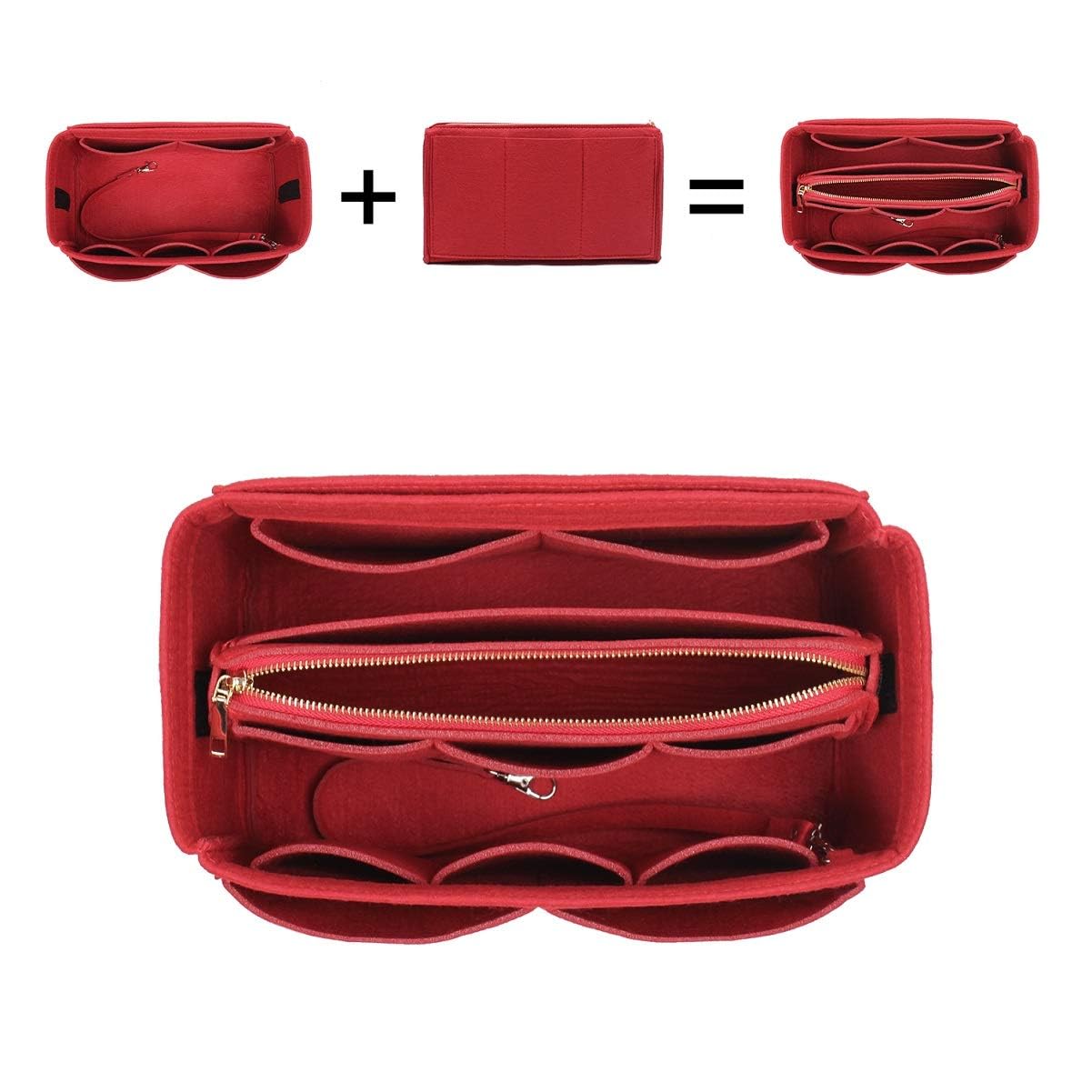 Organizador de Bolso de Fieltro con Múltiples Bolsillos – Inserto para Bolso con Bolsillo con Cremallera, Organizador Ligero para Tote Bag, Rojo, L