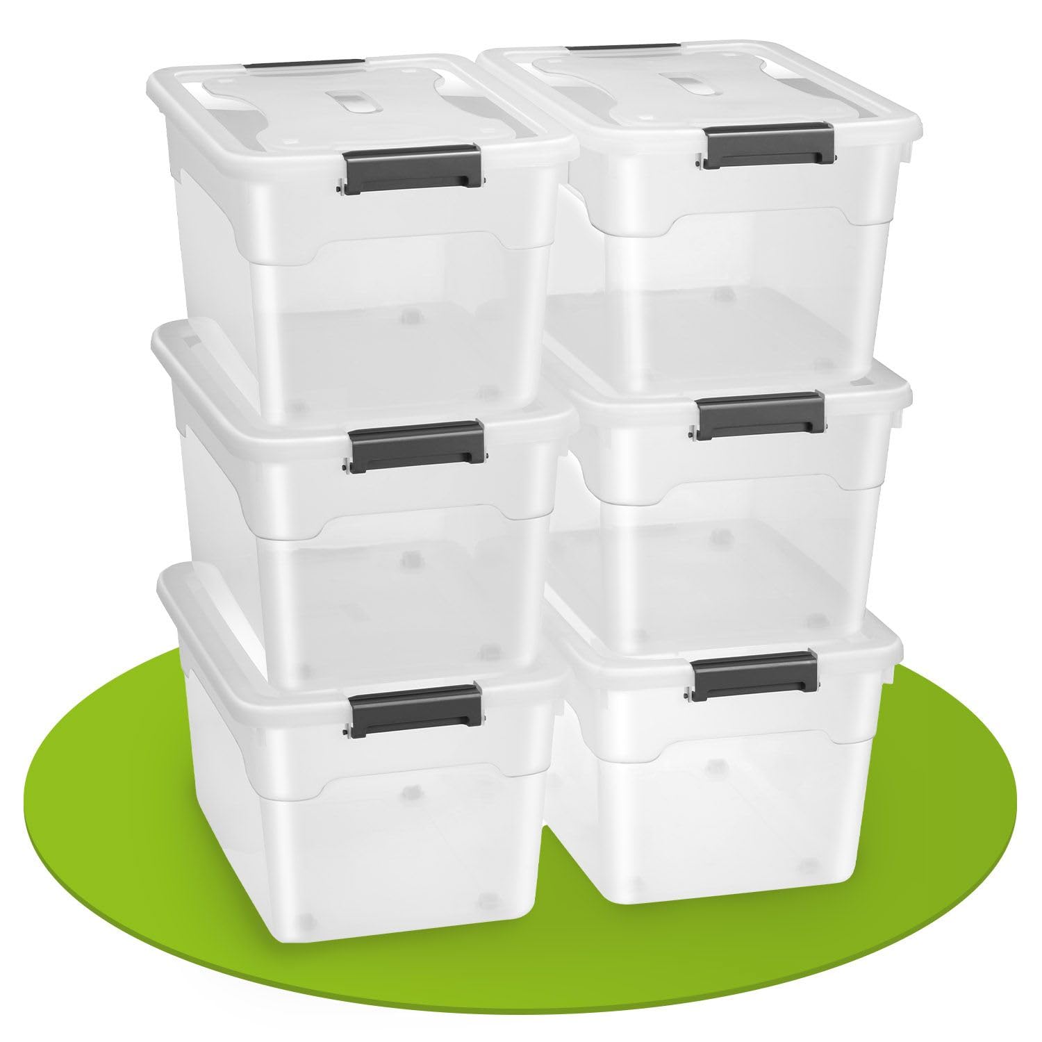 Juskys scatola per conservazione con coperchio - Set da 6 scatole in plastica 60l - Scatola grande, impilabile, trasparente - Sistema di organizzazione per conservazione