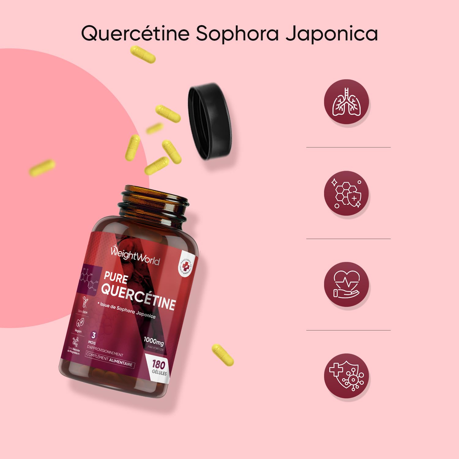 Quercetine 1000mg, 180 Gélules Vegan, Issue d'Extrait de Fleur Sophora Japonica, Quercétine pour 3 Mois, Complément Flavonoïdes et Polyphénols sans Stéarate de Magnésium