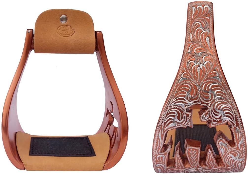 CHALLENGER Horse Western Saddle Turquoise Aluminium Bell Engraved Cut-Out Stirrups 51146v