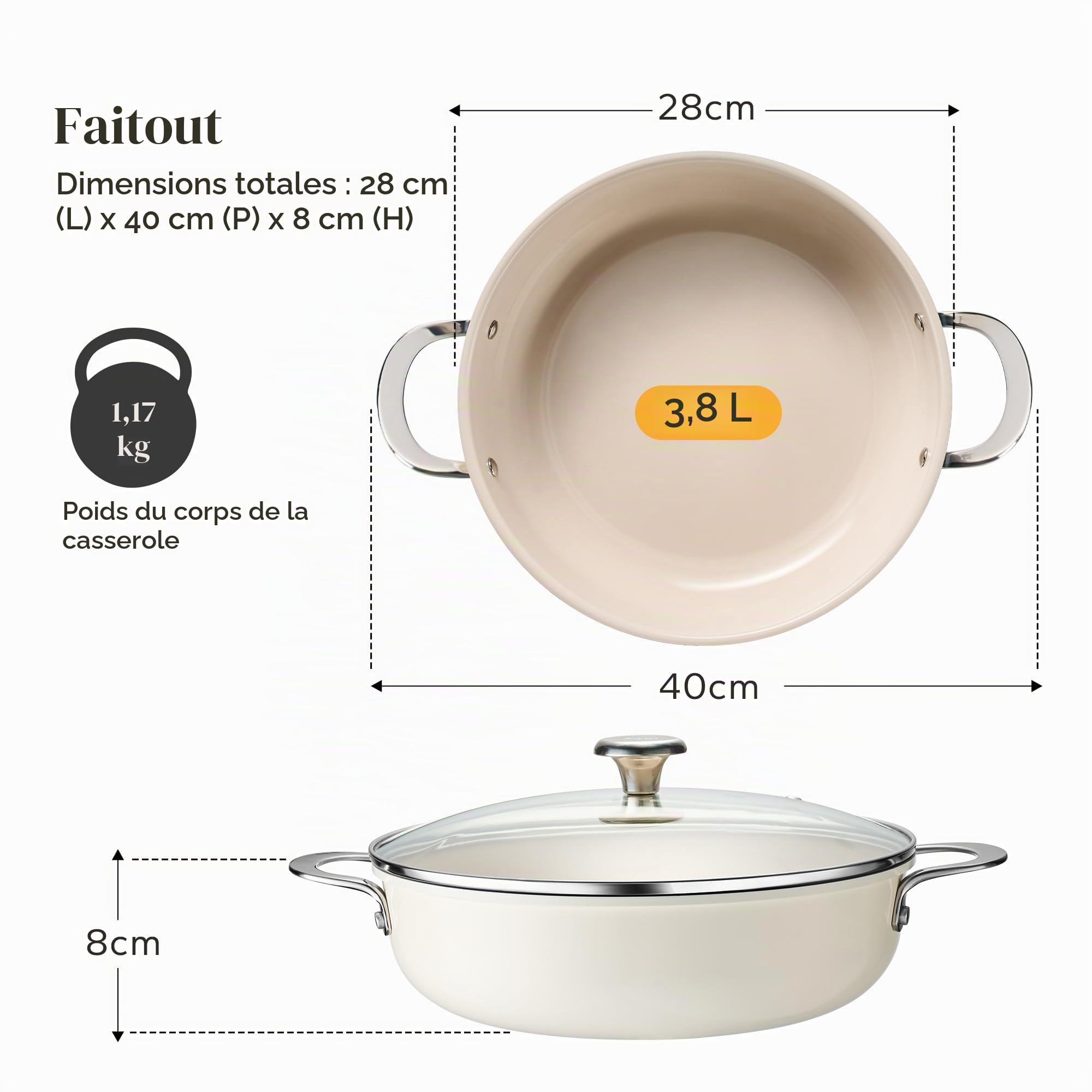 Redchef Sauteuse à bord haut de 28 cm - Avec couvercle - 3,85 l - En céramique anti-adhésive - Sans PFOA/PTFE/PFAS - Poignée en acier inoxydable - Passe au lave-vaisselle - Pour cuisson, rôtir