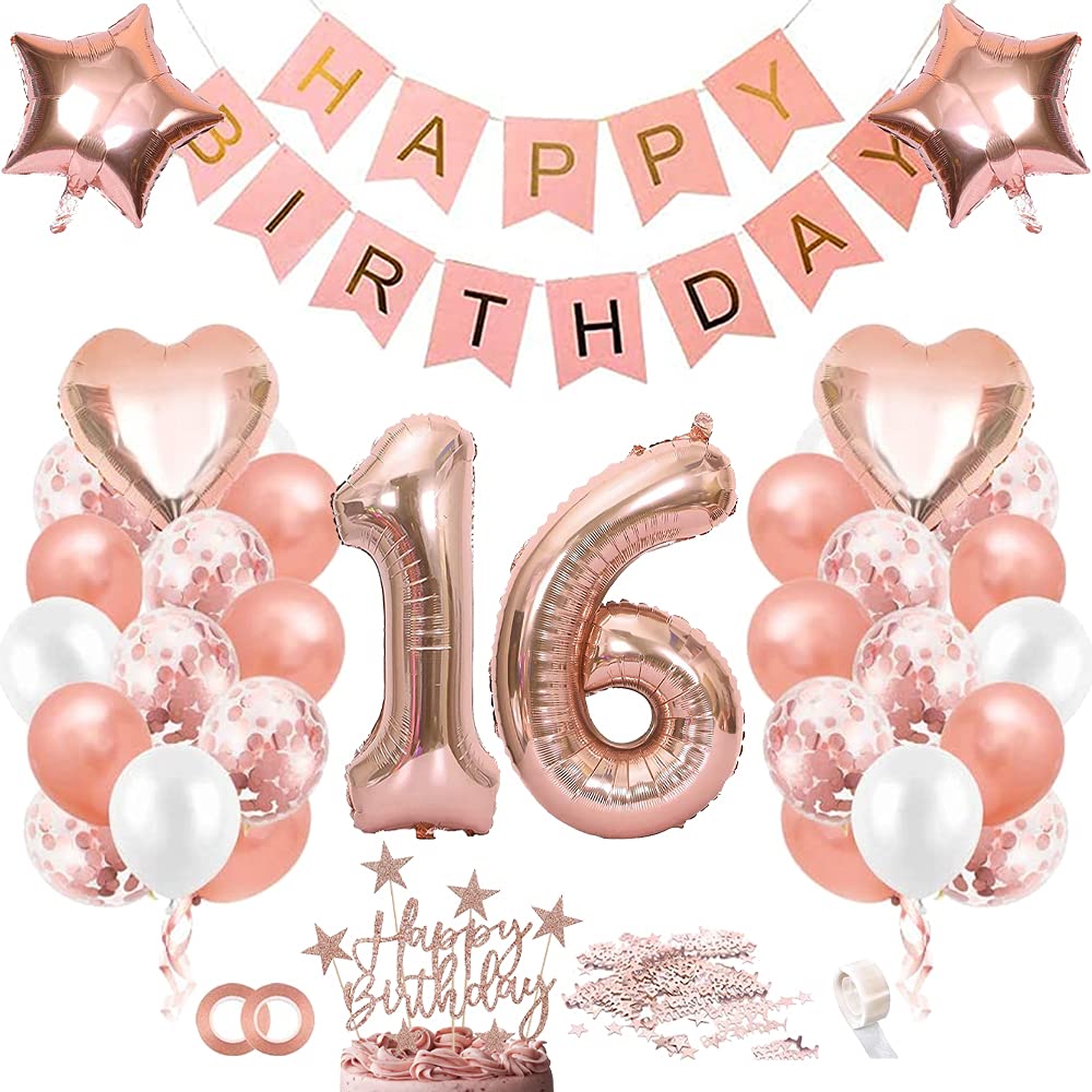 TOPHOPE Luftballon 16. Geburtstag Roségold Folienballon Luftballon Zahlen Geburtstagsdeko Mädchen 16 Jahr Riesen Folienballon Zahl 16 Ballon 16 Deko zum Geburtstag Roségold Happy Birthday
