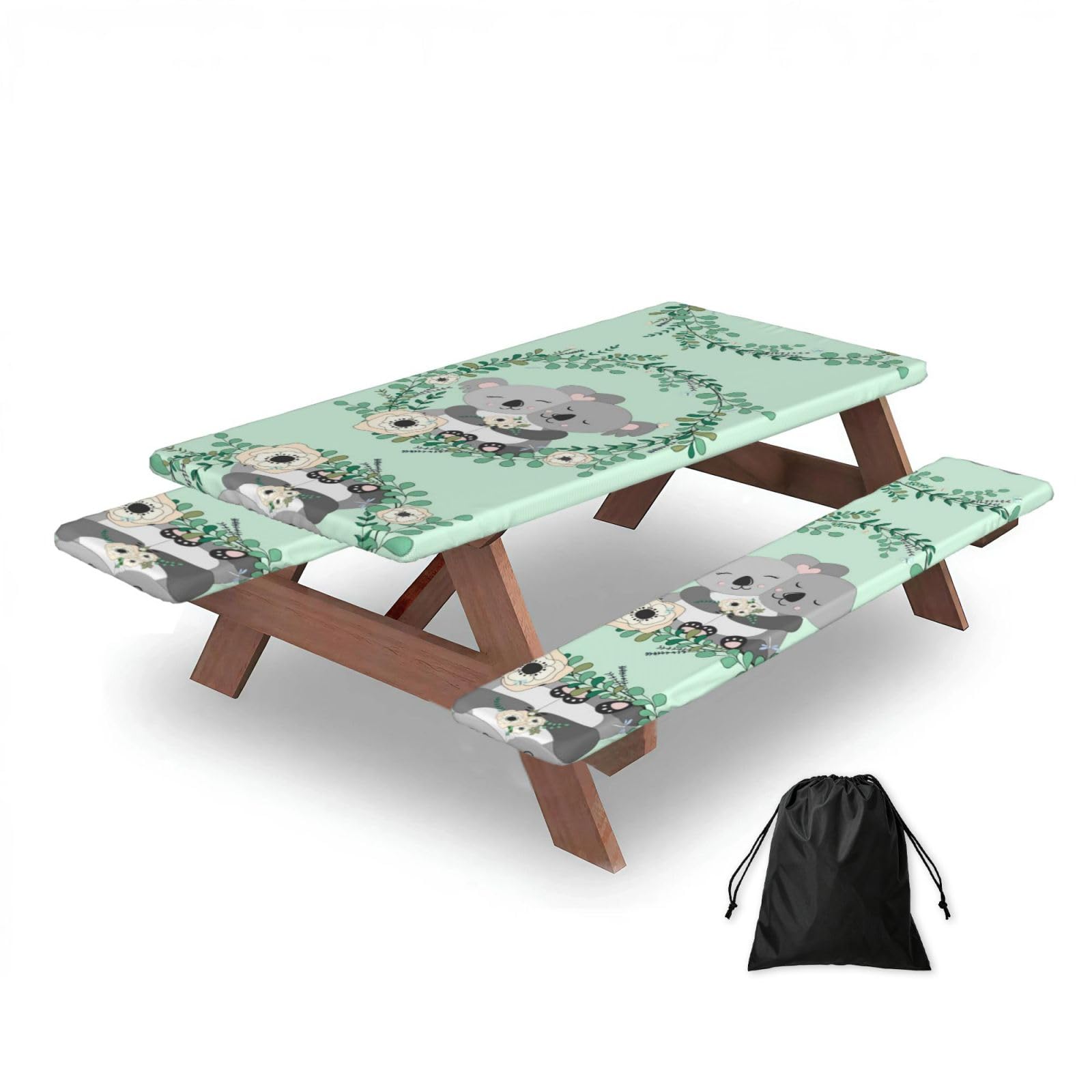 ESNAIUVCD Koala Print Picnic Table Cover With Bench Covers,Camping Essentials,Fitted Tablecloth Cover With Elastic Edge, For Indoor & Outdoor 3 Pcs