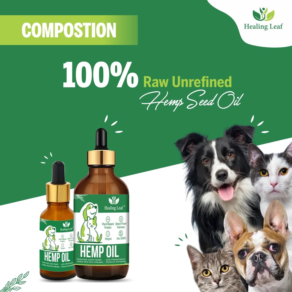 Healing Leaf Hemp Seed Oil Dogs Cats Anxiety Pain Relief Stress Calming, 90ml - Anti Inflammatory Pet Joints Massage Oil - Skin, Coat Health Care 2