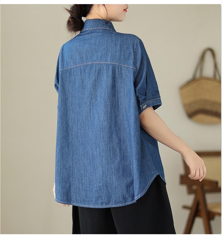2024 Femmes Poids Léger Manche Courte Denim Chemise Hauts Été Mode Revers Boutonné Occasionnel Ample Fluide Blouse