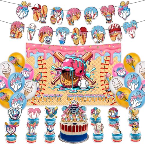 Ice Cream Drip Baseball Birthday Party Decorations Set, Includes Banner, Backdrop, Balloons, Cake Toppers and Cupcake Toppers