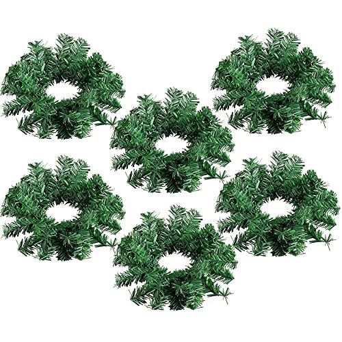 Juvale Christmas Candle Ring - 6-Pack Artificial Pine Mini Wreath, Plain Greenery Design, Festive Pillar Candle Holder Centerpiece Decoration, Holiday Party Ornament, Green, 11.5 Inches