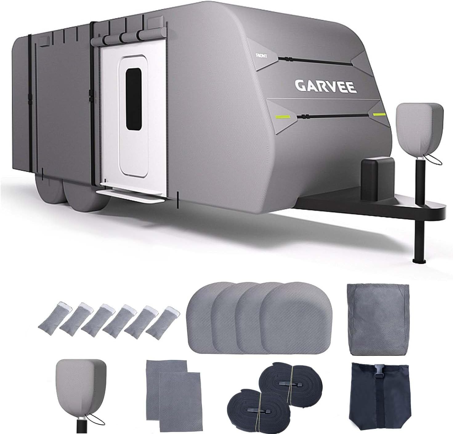 20-22FT Travel Trailer Cover, Heavy-Duty Waterproof & Anti-UV Motorhome RV Cover with Windproof Straps, Includes Tire Covers, Gutter Spout Covers, Tongue Jack Cover & Repair Patches