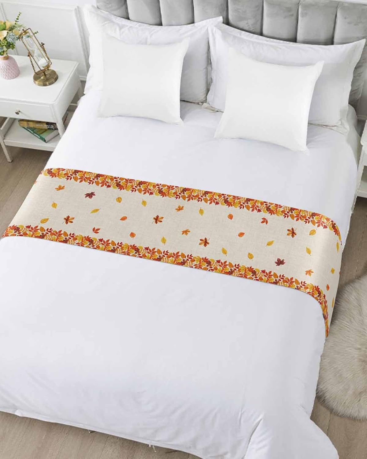 Smile Sunflower Thanksgiving Bed Runner Scarf Fall Colored Art Maple Leaves Bedding Scarf Decorative Bed Runners Cover for Home Bedroom Hotel Wedding Room Bed Scarf for Foot of Bed King 102x20in