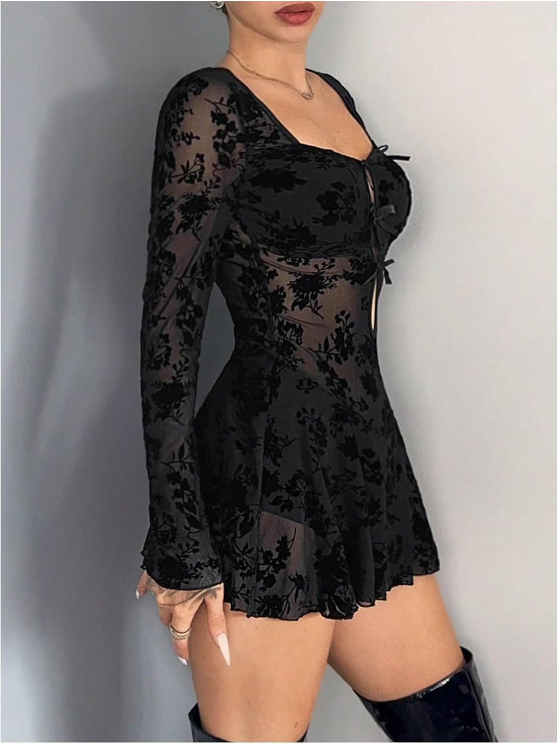 SOLY HUX Women's Floral Mesh Mini Dress Y2k Bow Sweetheart Neck Long Sleeve Sheer A Line Flared Party Going Out Dresses - Image 3