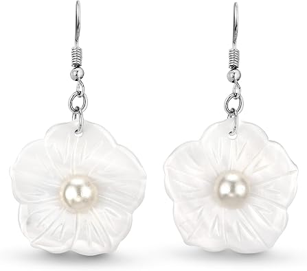 AeraVida Hand Carved Seashell Tropical Flower with Pearl Inlays Dangle Earrings | Natural Shell & White Metal Fish Hook Earrings | Handmade Beach Jewelry Gift