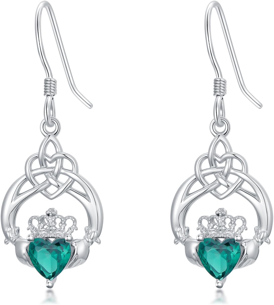 Seiyang Celtic Claddagh Earring 925 Sterling Silver Irish Claddagh Dangle Drop Earrings with 12 Months Birthstone Celtic Irish Lucky Jewelry Gifts for Women