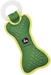 JOHN DEERE DOG DENTAL TEETHING RING TUG TOY & Nylon Squeak Bone Toy. TOUGH STURDY PET TOY with John Deere Logo. BEST DOG FIELD TOY for DOG OWNERS, Famers, Construction gigs, Builders, Landscaping fans