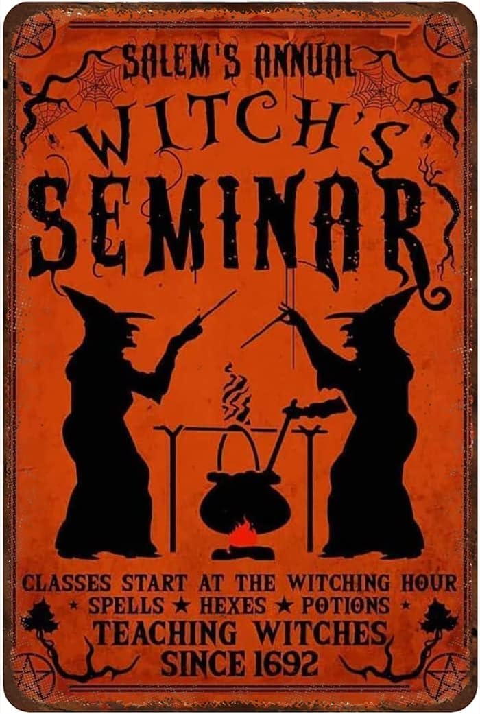 Yunking B-23 Retro Metal Tin Sign Halloween Witch S Seminar At The Witching Hour Poster Halloween Sign Spooky Sign Magic Spell Halloween Night Vintage Wall Decor Decorative Home For Bedroom 8X12 Inch
