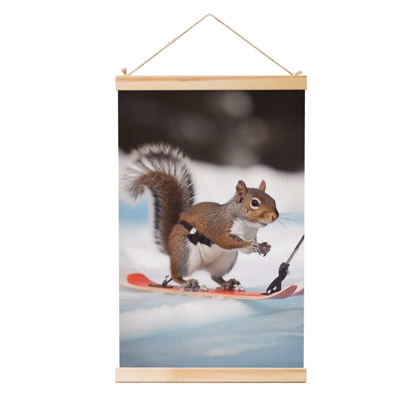 Skiing Squirrel Poster Wooden Shaft Hanging Poster Wall Hanging Banner Canvas Artwork with Wood Frames 16"x24" Modern Artwork Decor Ready to Hang Wall Art for Home Decor Scroll Painting