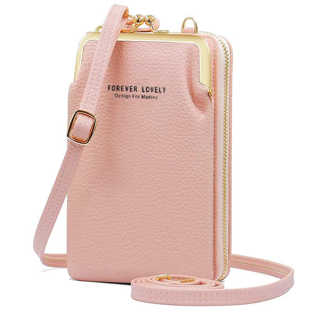 Women Phone Bag Ladies Wallet PU Leather Cell Phone Purse Mini Shoulder Bag with Strap Card Slots (Pink, Forever Lovely)-image-12