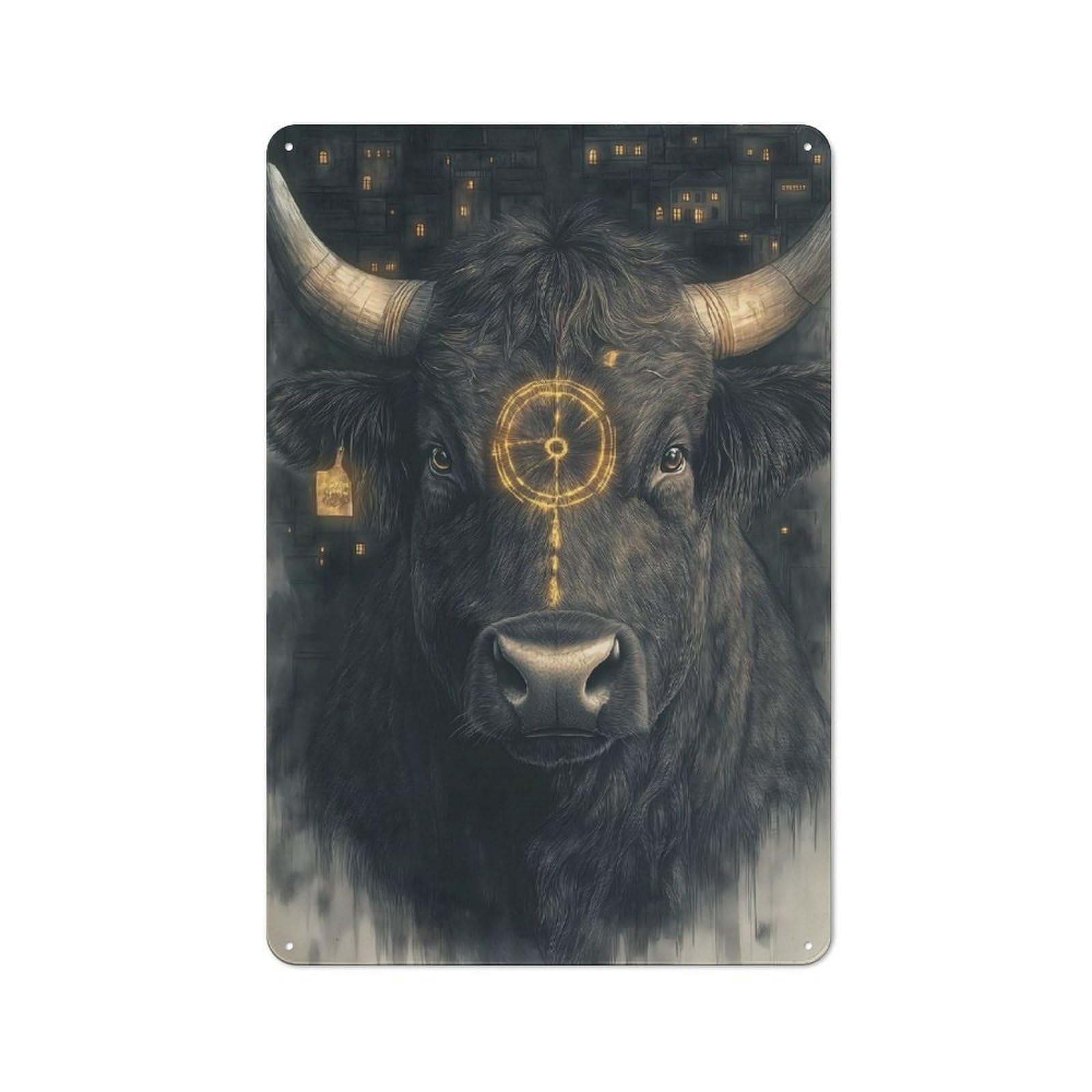 Junmoney Style-1 Tin Wall Plaque 30X20cm With Black Bull With Golden Symbol For Pub Or Café, For Hospitality Wall Decor Collectors