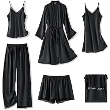 SAPJON Silk Satin 6Pcs Pajamas for Women Set, Lace Robe Nightgown Cami Pjs | Bridal Lightweight Robe, Sexy Sleeveless Nightgown, Shorts and Long Pants,Lingerie Dress, Gifts for Woman, Lounge Sleepwear
