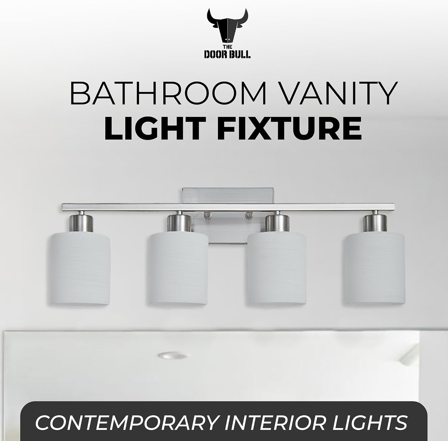 The Door Bull Modern Bathroom Vanity Light, Milky White Glass Shades, Wall Sconce for Bedroom & Living Room, E26 Socket, Over Mirror Lighting Fixture (Brushed Nickel, 4 Lights) Brushed Nickel 4 Lights
