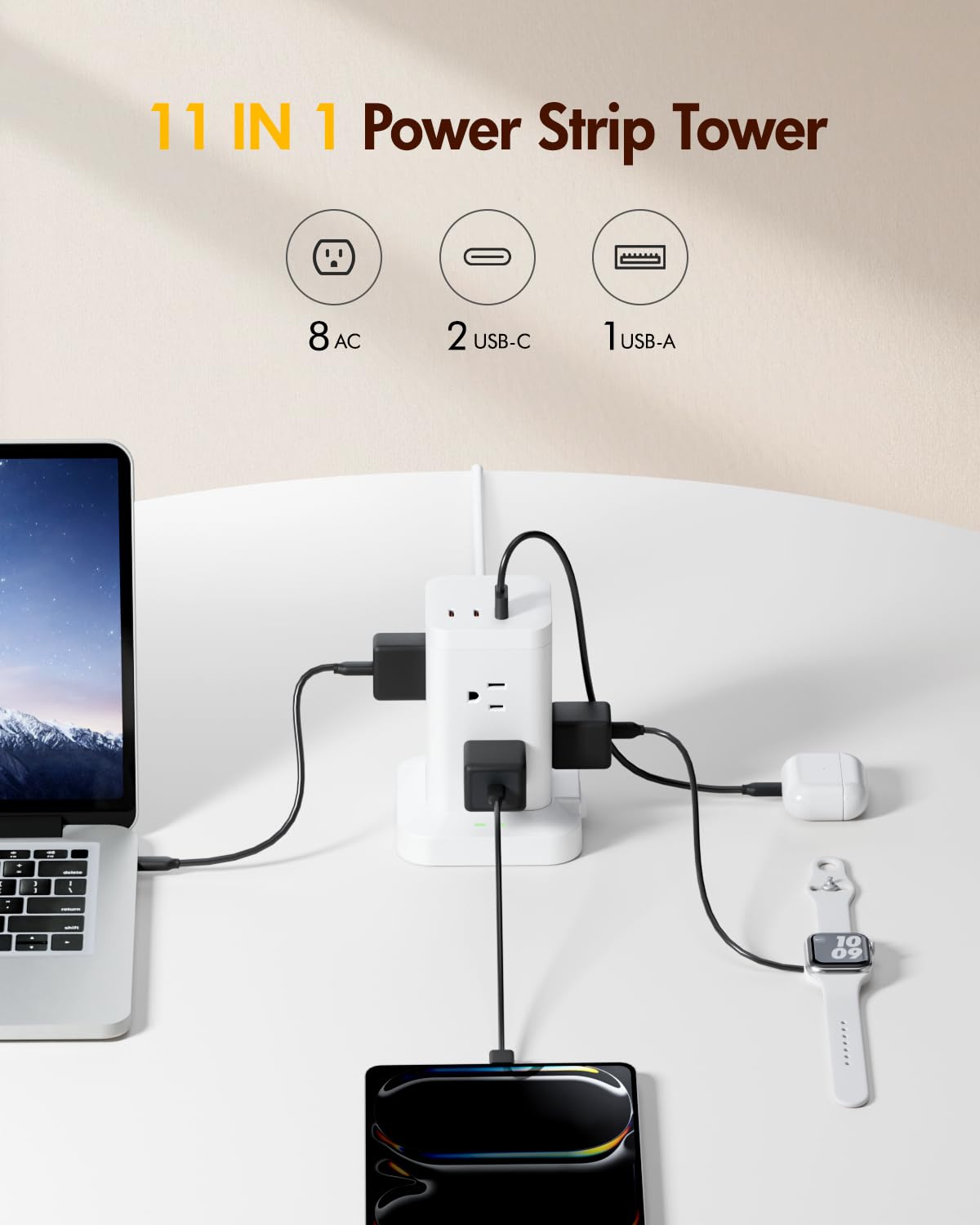 Torre multipresa 11 in 1 con protezione da sovratensioni 1800J, torre di ricarica rapida PD20W Porte USB-C con 8 prese AC, cavo di prolunga da 1,8 m per ufficio in