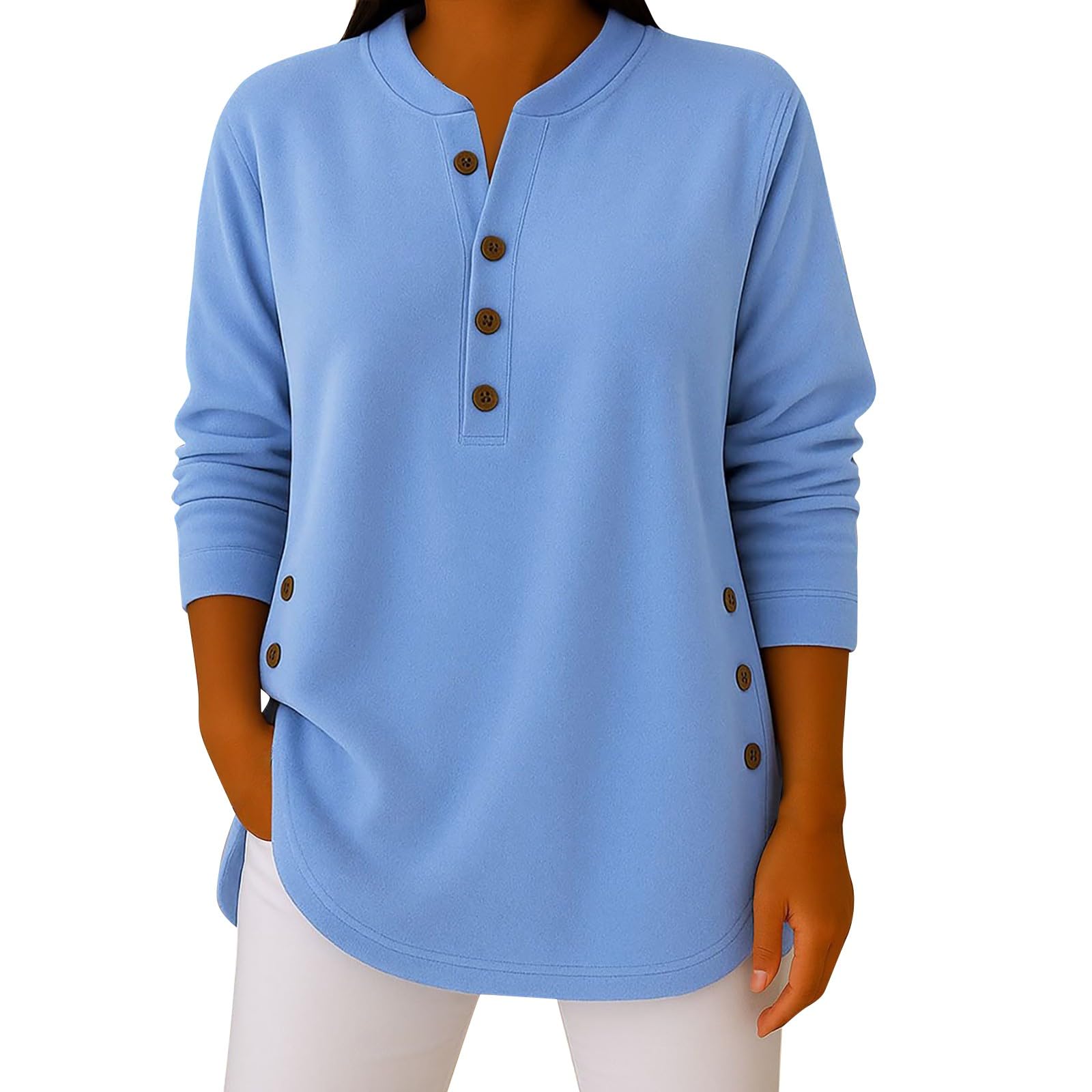 Womens Reversible German Fleece Shirt Solid Color Crew Neck Sweater Loose Button Pullover Long-Sleeved Sweater Shirt