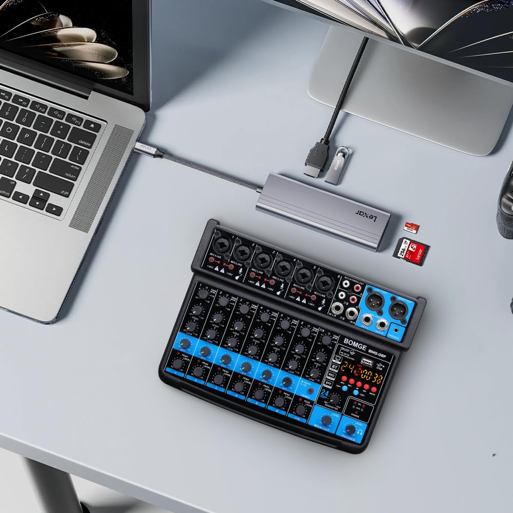 BOMGE 8 channel mini audio mixer Line Mixer ，DC 5V，with MP3 Player,Bluetooth, U disk 48V,24DSP effects, USB recording Ideal for Small Clubs or Bars, Studio Recording (8 channels-BLACK)