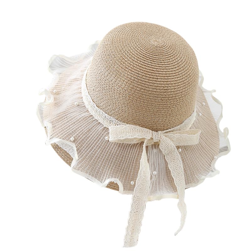 Sombrero de Paja de ala Ancha para Mujer,Plegable y Flexible,con Lazo de Tul Perlado,Transpirable,Resistente A Los Rayos UV,para Playa,para Caminar y Viajar