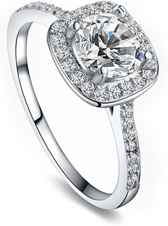 LiangXuanChen Silver Plated Cubic Zirconia Cushion Cut Halo Engagement Ring