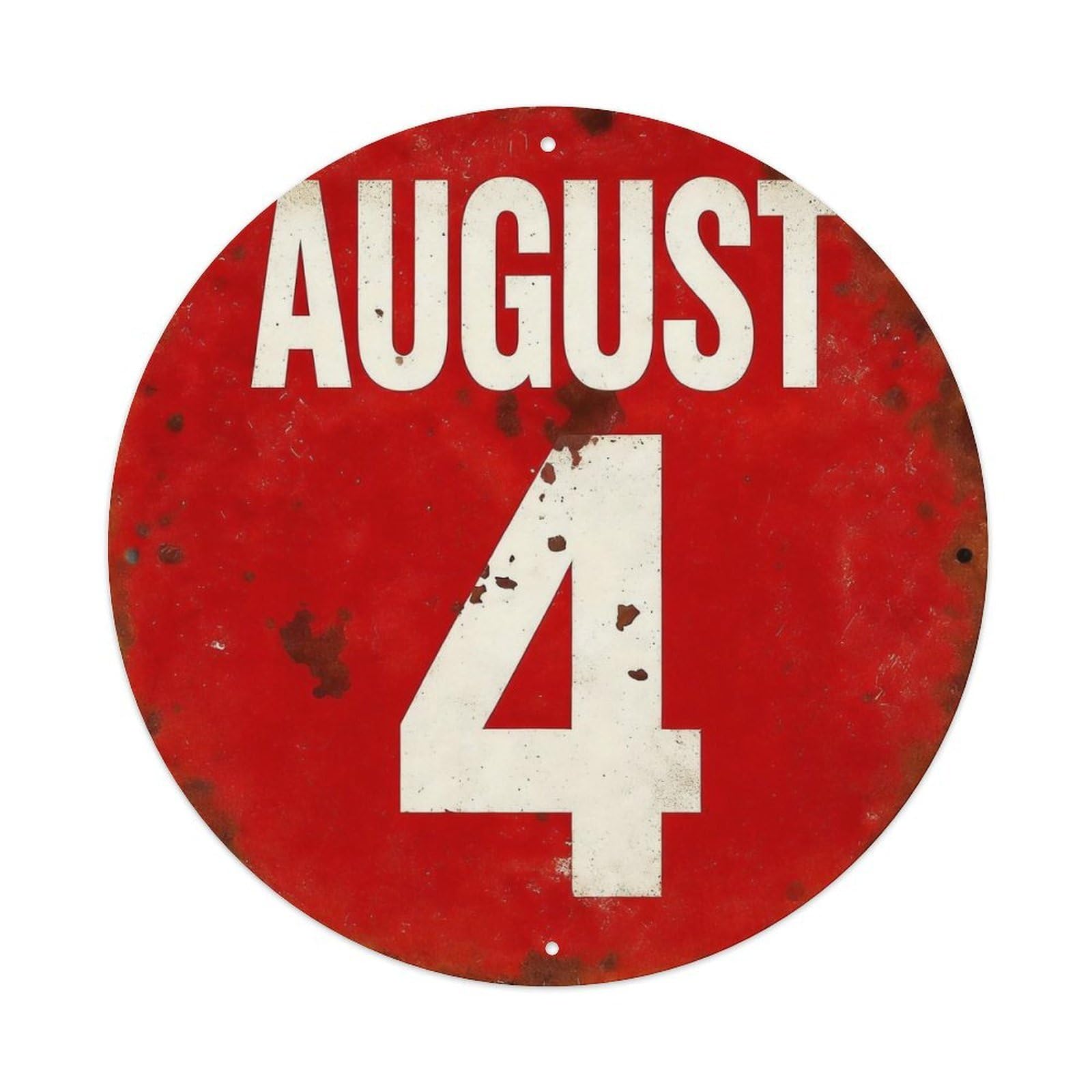 August 4 Red Circle Sign Round Tin Sign Vintage Metal Poster Retro Bar, Home, Man Cave, Kitchen, Laundry Room Wall Art Decor Gift 8x8Inch