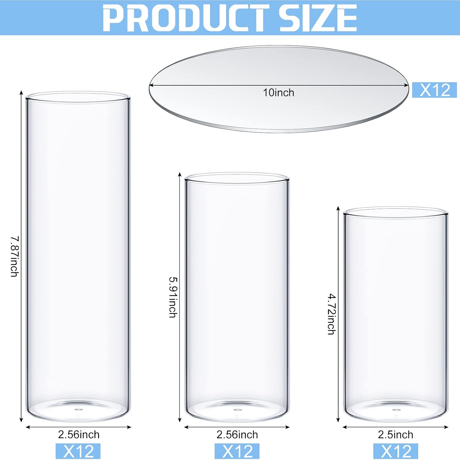 Sawysine 12 Sets 2. 6'' x 4. 7'', 5. 9'', 7. 9'' Cylinder Vase Centerpiece with Mirror Tray Included Round Glass Mirror Trays Glass Vases for Centerpiece for Wedding Table Baby Shower Party Decoration