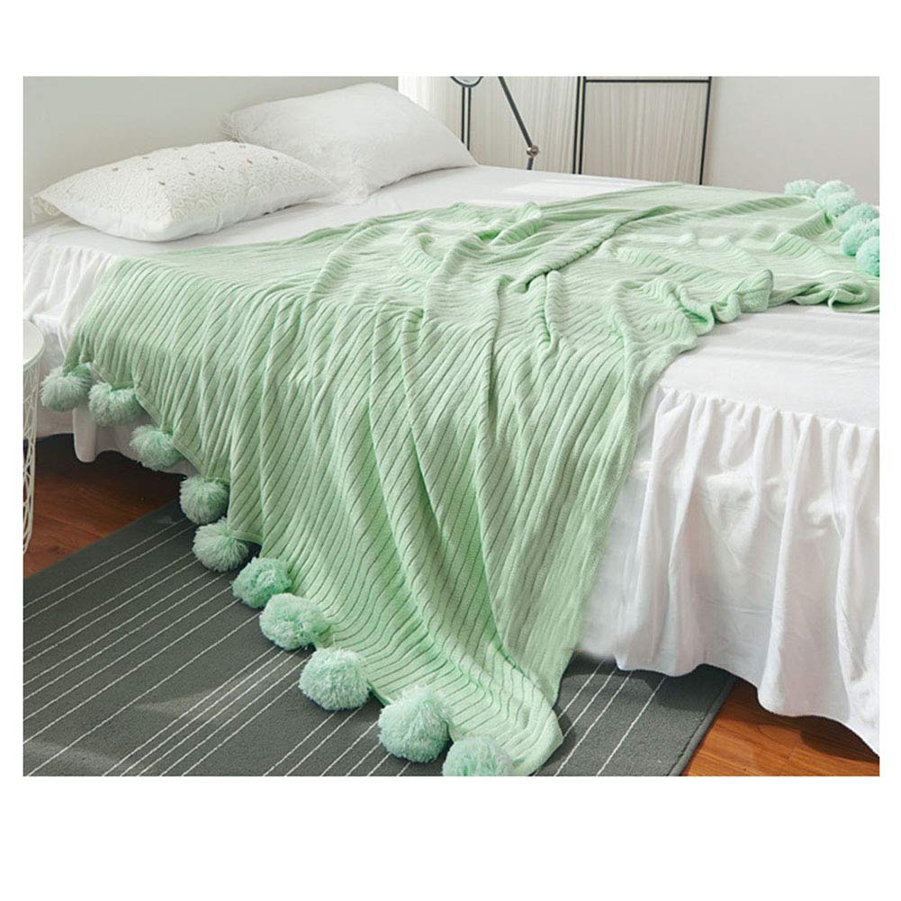 GUOCU Cable Knit Throw Blanket with Pompoms Fringe Knitted Throw Blanket on Chair Sofa and Bed for Bedding and Napping Mint Green 150 * 200cm
