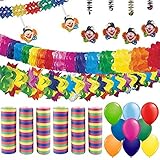 1 x Papiergirlande Clown L: 6 m B: 11,5 cm; 4 x Dekospiralen Clown L: 80 cm