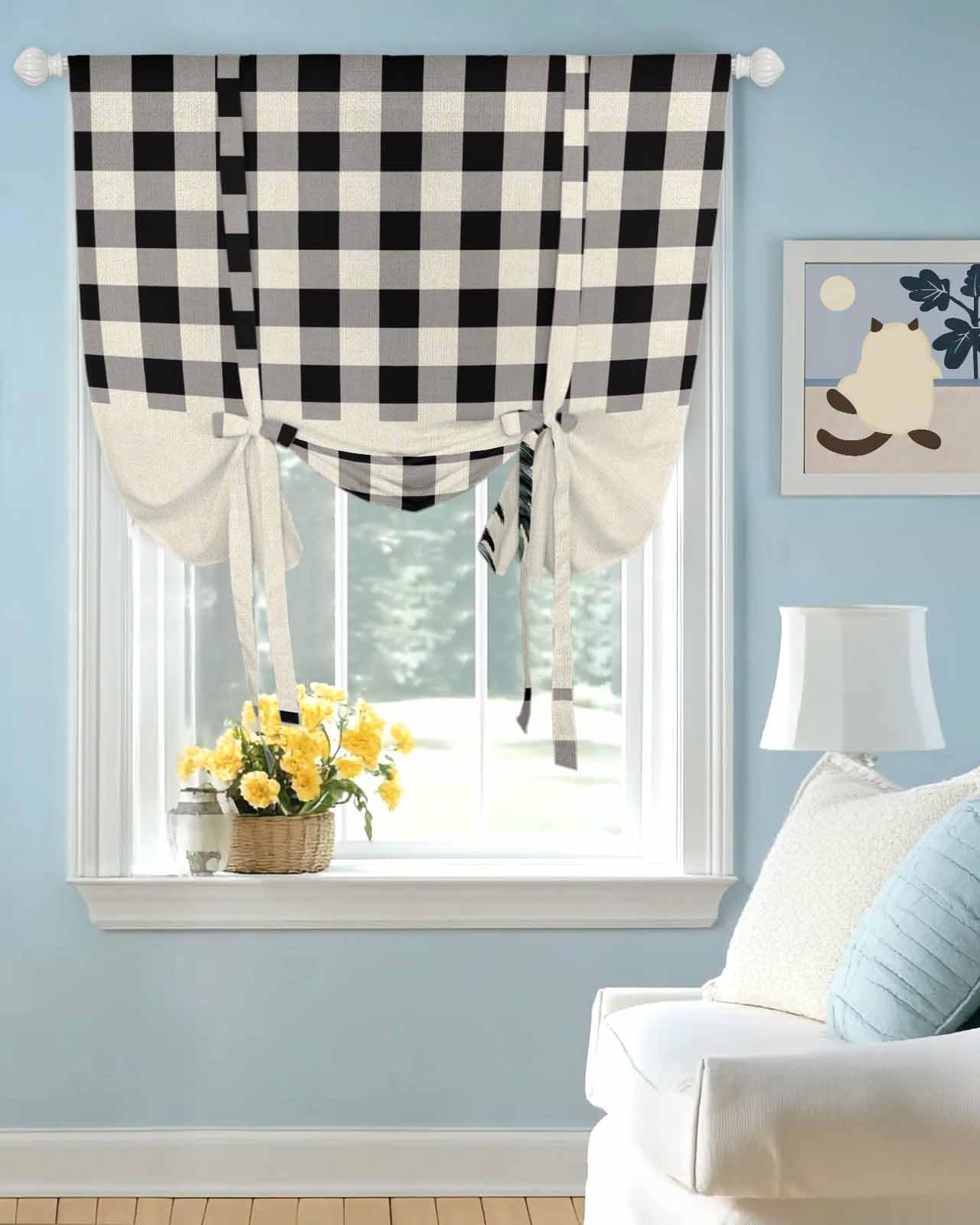 Tie Up Curtains for Windows Retro Farm Rooster on Linen Rod Pocket Tie-Up Window Shade Adjustable Balloon Curtain Valance White Black Plaid for Bedroom Kitchen Bathroom Blinds,52x45in
