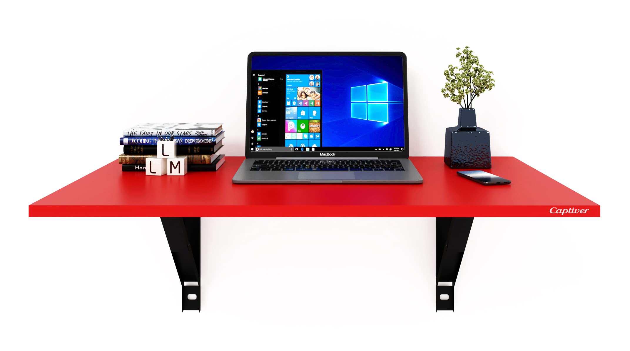 Captiver Elara Engineered Wood Wall Mounted Multipurpose Foldable Study Table, Matte Red Office Living Room Kitchen Storage Platform Big Printer Furniture Wooden Board Items