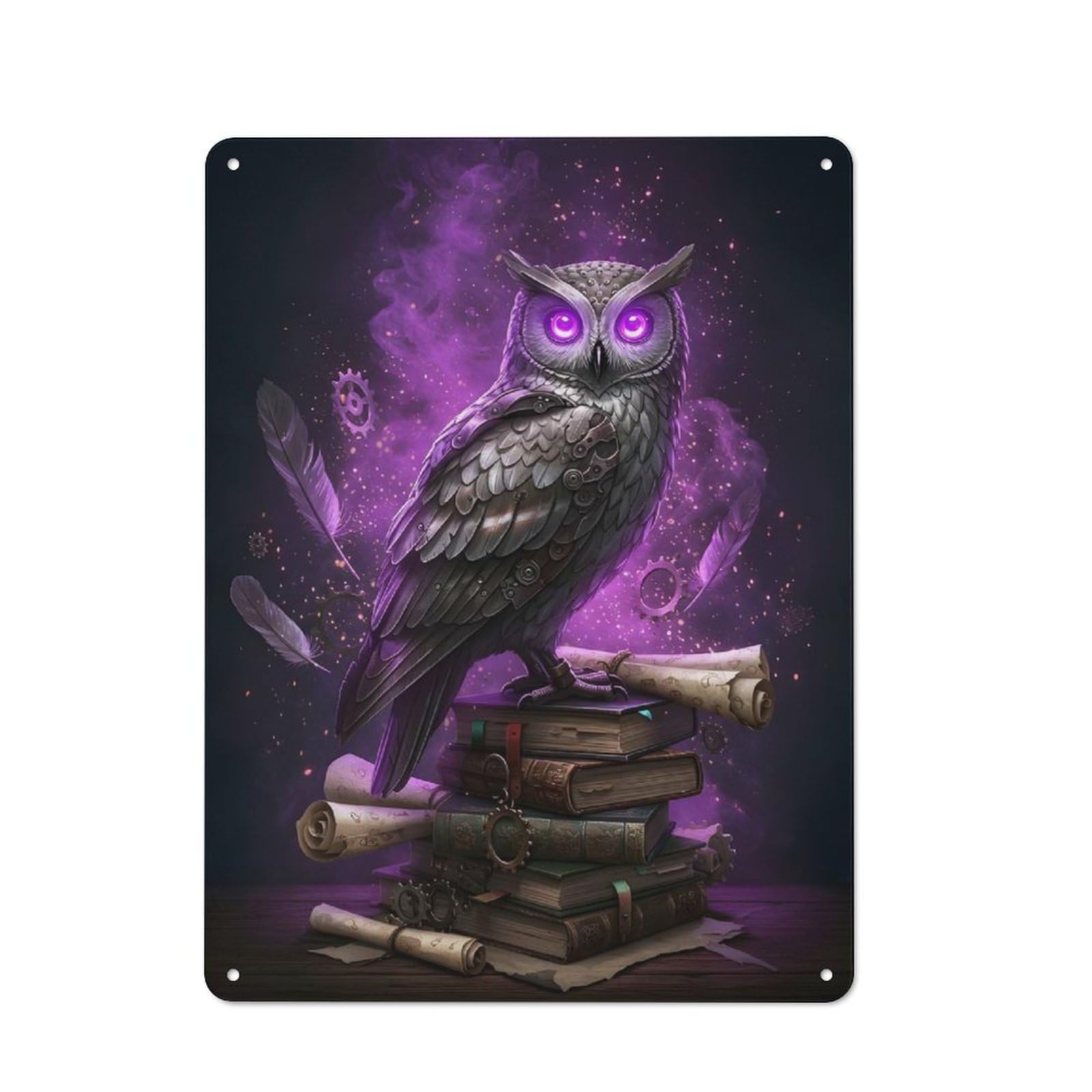 Steampunk Owl on Books with Magic Vintage Tin Sign 40x30cm for Café Or Home Bar, with Clear Vintage Wall Decor Character