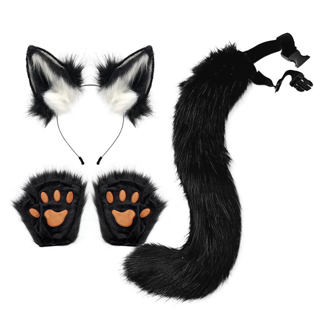 Faux Fur Fox Cat Ears Hair Headband Tail Gloves Set Fluffy Cat Fox Wolf Tail Ears Hair Clip Claw Gloves for Anime Fancy Dress Party Halloween Christmas Dress Up Carnival Role Play
