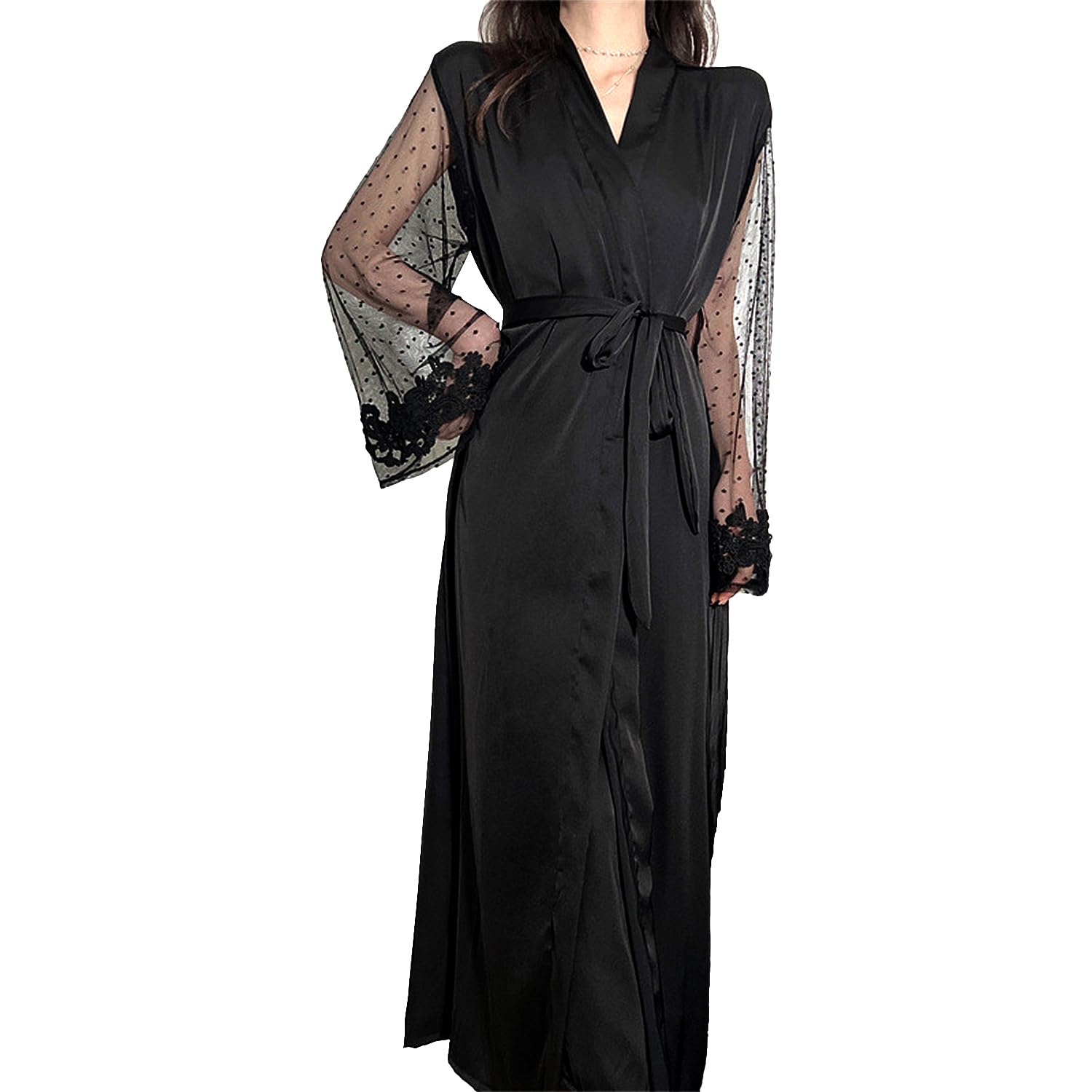 ROSVAJFYLong Satin Sexy Kimono Robe Women's Silk Dressing Gown Bathrobes Patchwork Lingerie Robe Long Sleeves Polka Dot Mesh Lace Sleepwear for Bride Bridesmaids Wedding Party