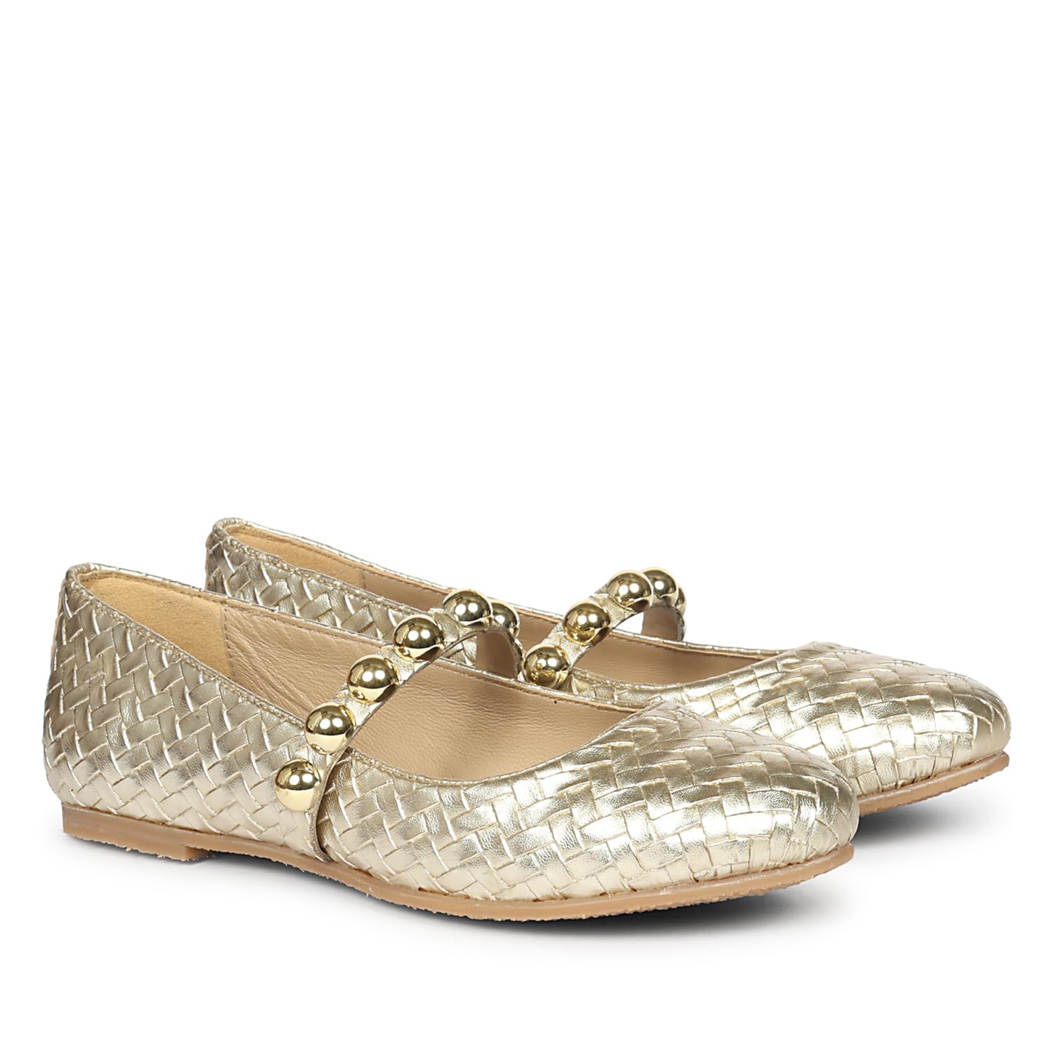 Women's Woven Leather Ballerina Flats with Gold Ball Strap Detail, Black and Gold-image-33