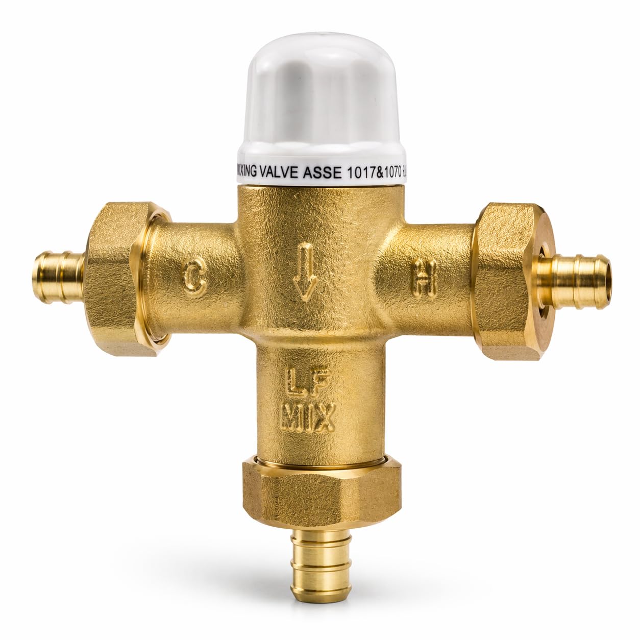 Válvula mezcladora termostática (TMV) F1807-PEX de 3/10.2 cm con control preciso de la temperatura del agua. Certificado ASSE, UPC y NSF. Caudal máximo de 12 GPM. Aplicaciones residenciales