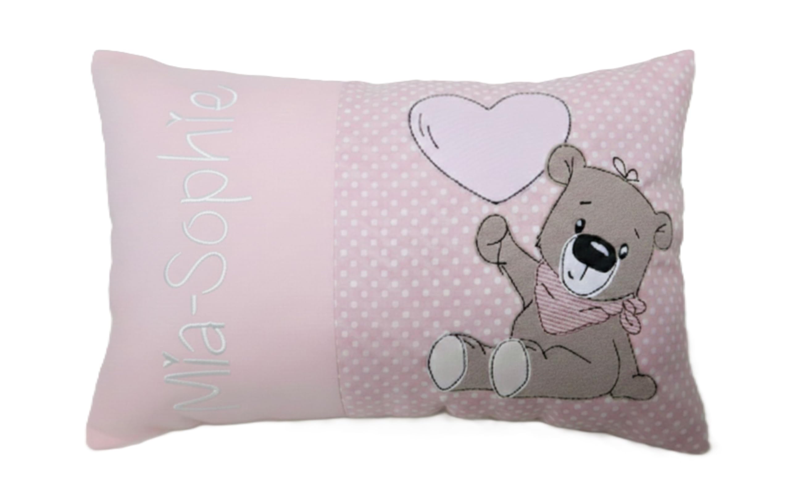 Personalisiertes Kissen zur Geburt und Taufe | Bestickt mit Namen und süßem Bärchen | Baumwolle (20cm x 30cm, Bärchen mit Herz)