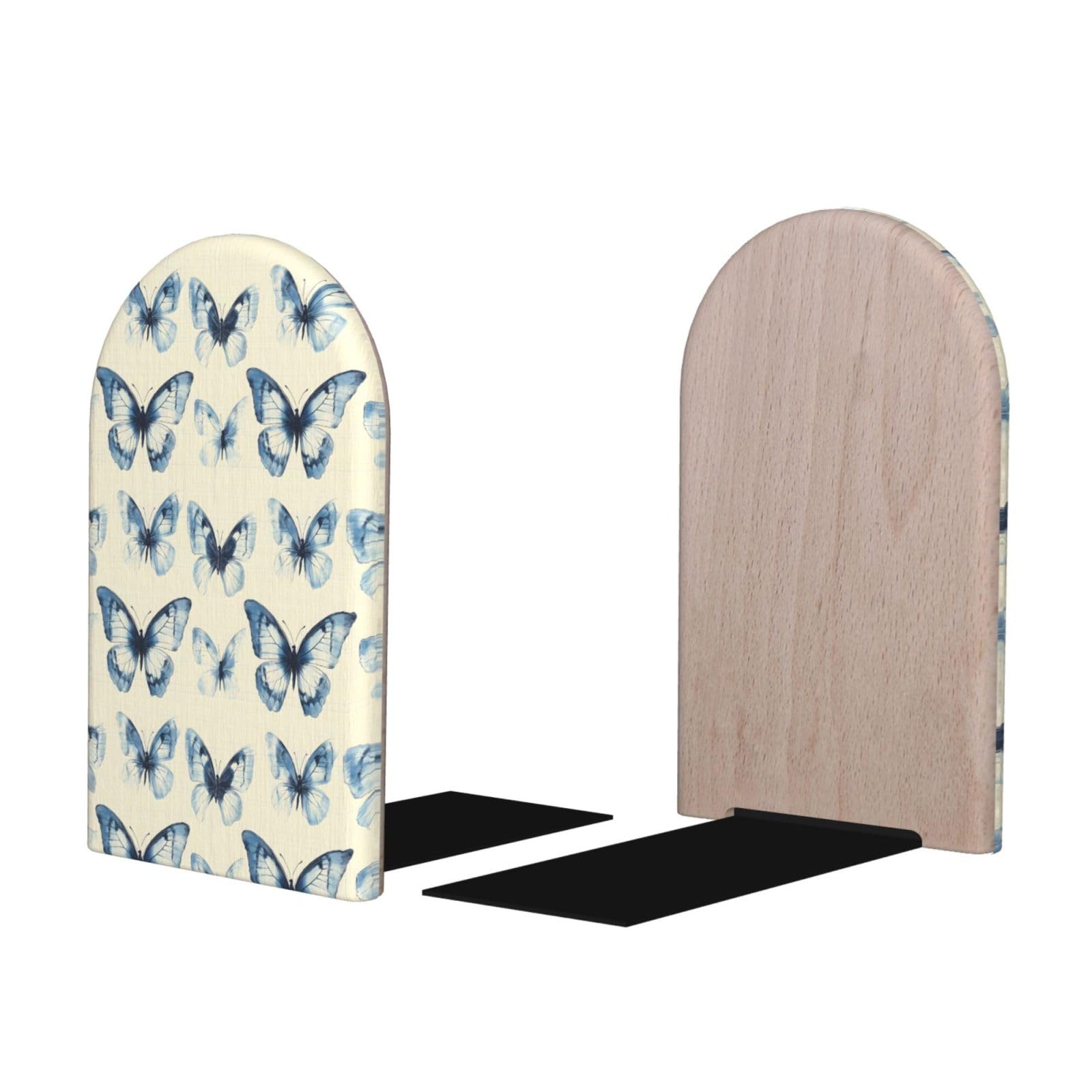 Retro Blue Butterfly Print BookEnds 1 Pair, Decorative Bookends for Heavy Books, Wood Book Ends for Shelves, Book Organizer for Home Desk Office Supplies
