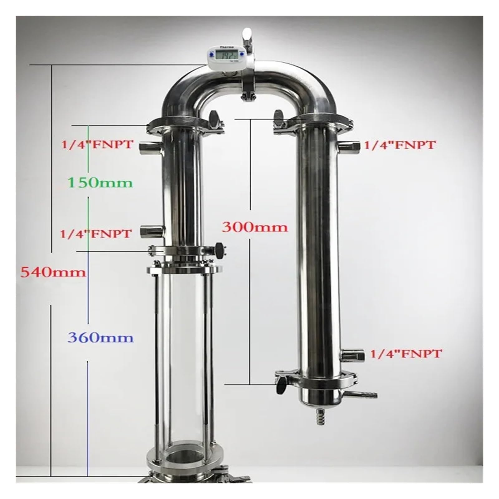 destilador de Flauta Columna de Vidrio for destilador Sanitario de 1,5" (38 mm) de diámetro Exterior 50,5, Torre de reflujo de Vidrio combinada, Acero Inoxidable 304