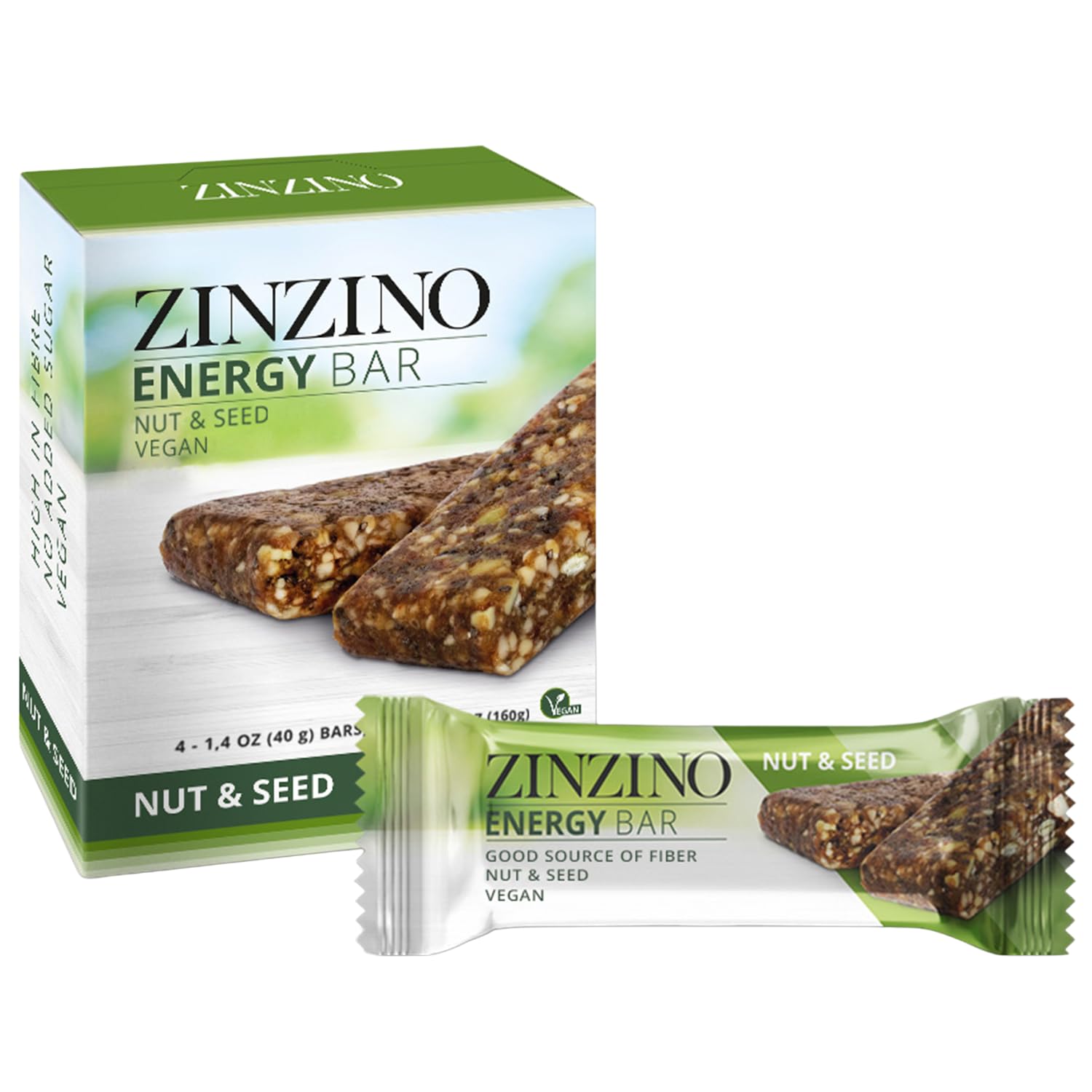 Zinzino - Energy Bars, Nut and Seed - Fiber Vegan Snack, No Added Sugar, GMO-Free, Healthy Snack for Adults, Great Taste - 4-Pack, High