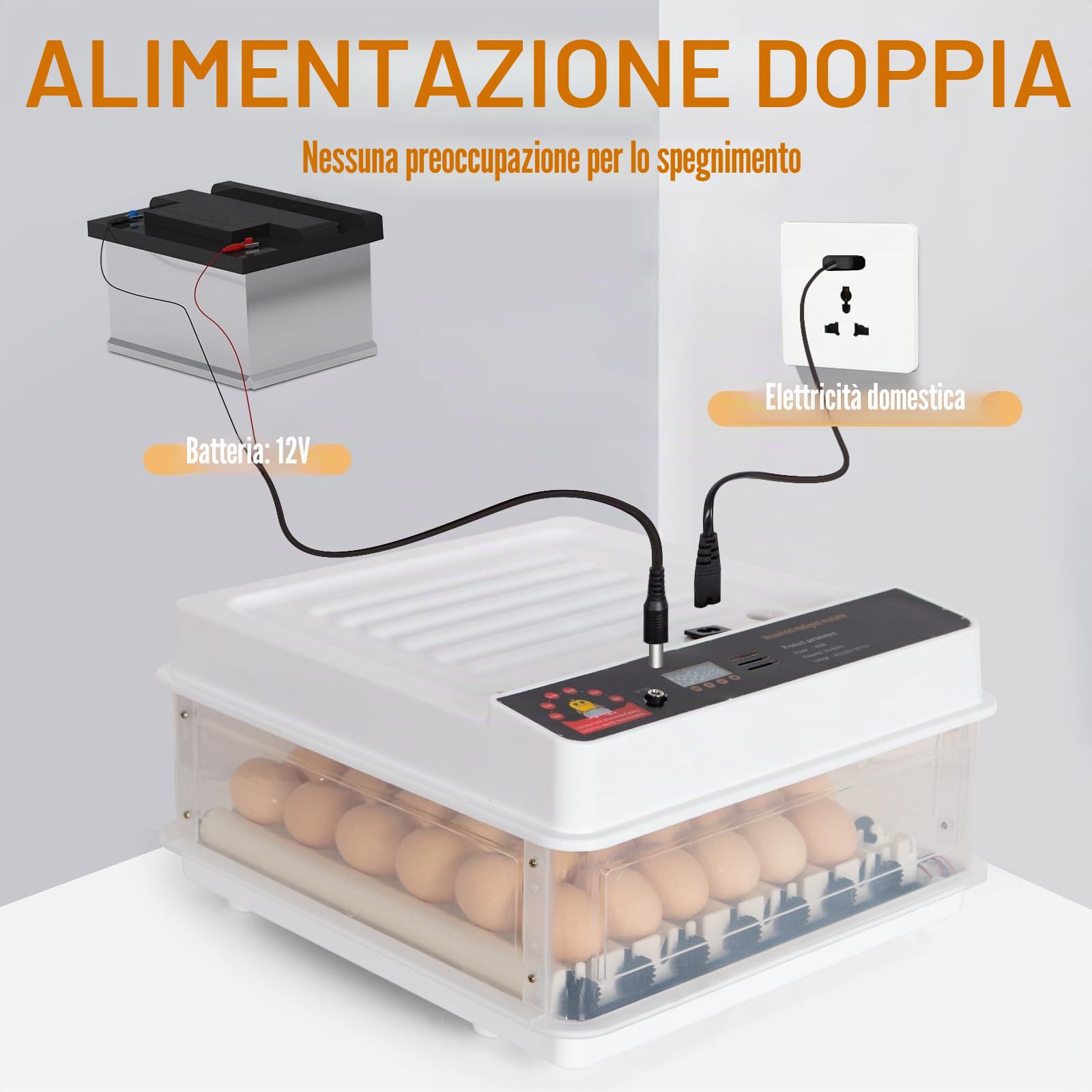 Todeco Incubatrice Automatica 48 Uova, Controllo Temperatura | Rotazione automatica delle uova, aggiunta automatica dell'acqua, portauova regolabile, con ovoscopio LED,doppia alimentazione