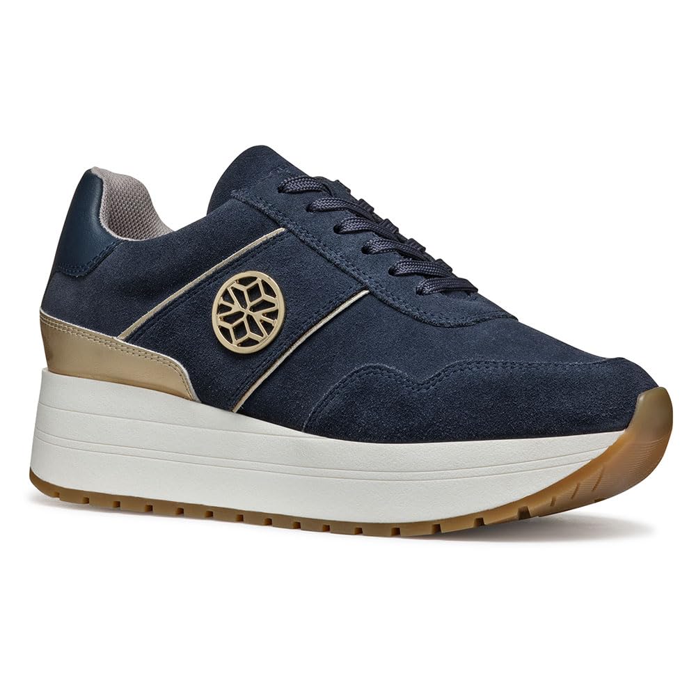 Geox Women's D NEW KENCY A Sneaker, Navy/Lt Gold, 4 UK