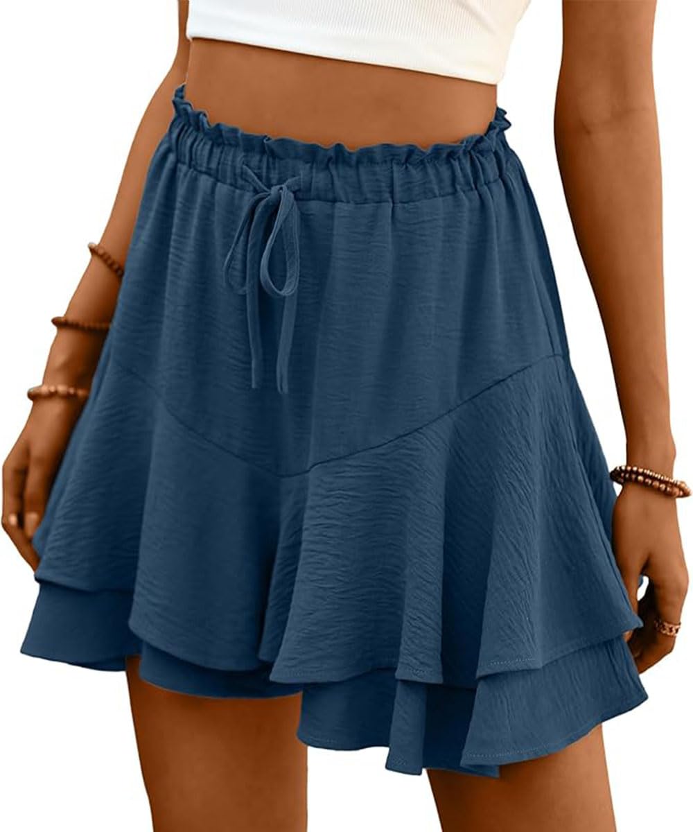 ABINGOO Short Femme Été Plage Chic Elastique Taille Haute Shorts Volants Couleur Unie Décontracté Jupe Courte avec Cordon