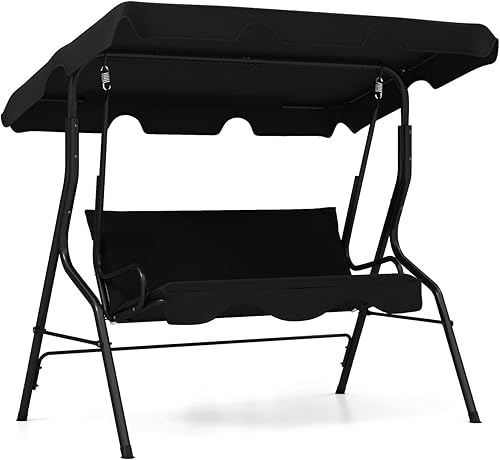 RELAX4LIFE Silla de columpio para porche para 3 personas, columpio para exteriores con toldo ajustable, cojín extraíble y soporte de marco de metal,