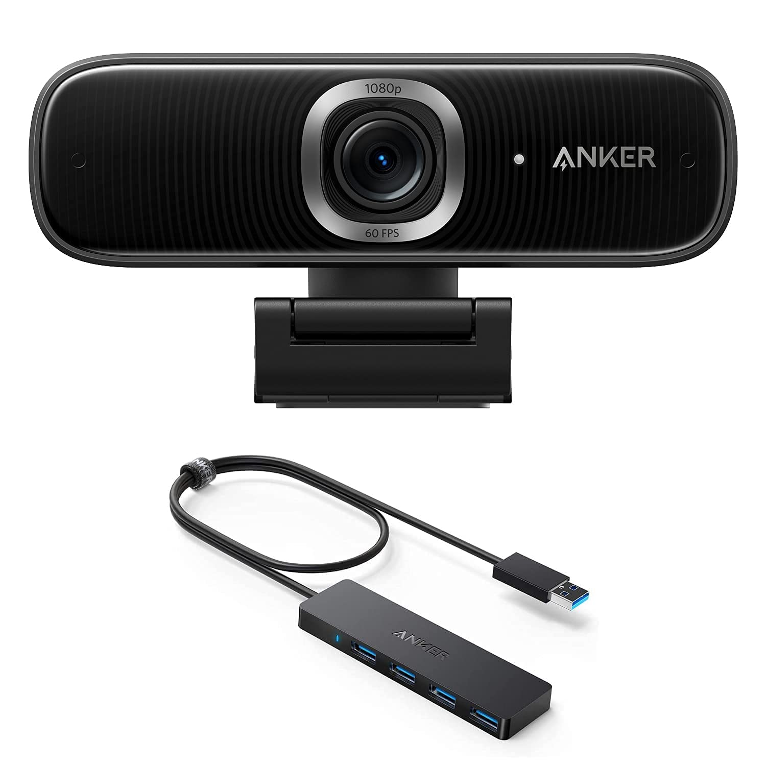 Anker PowerConf C300 Smart Full HD Webcam & Anker 4-Port USB 3.0 Hub Home Office Bundle, 1080p AI-Po