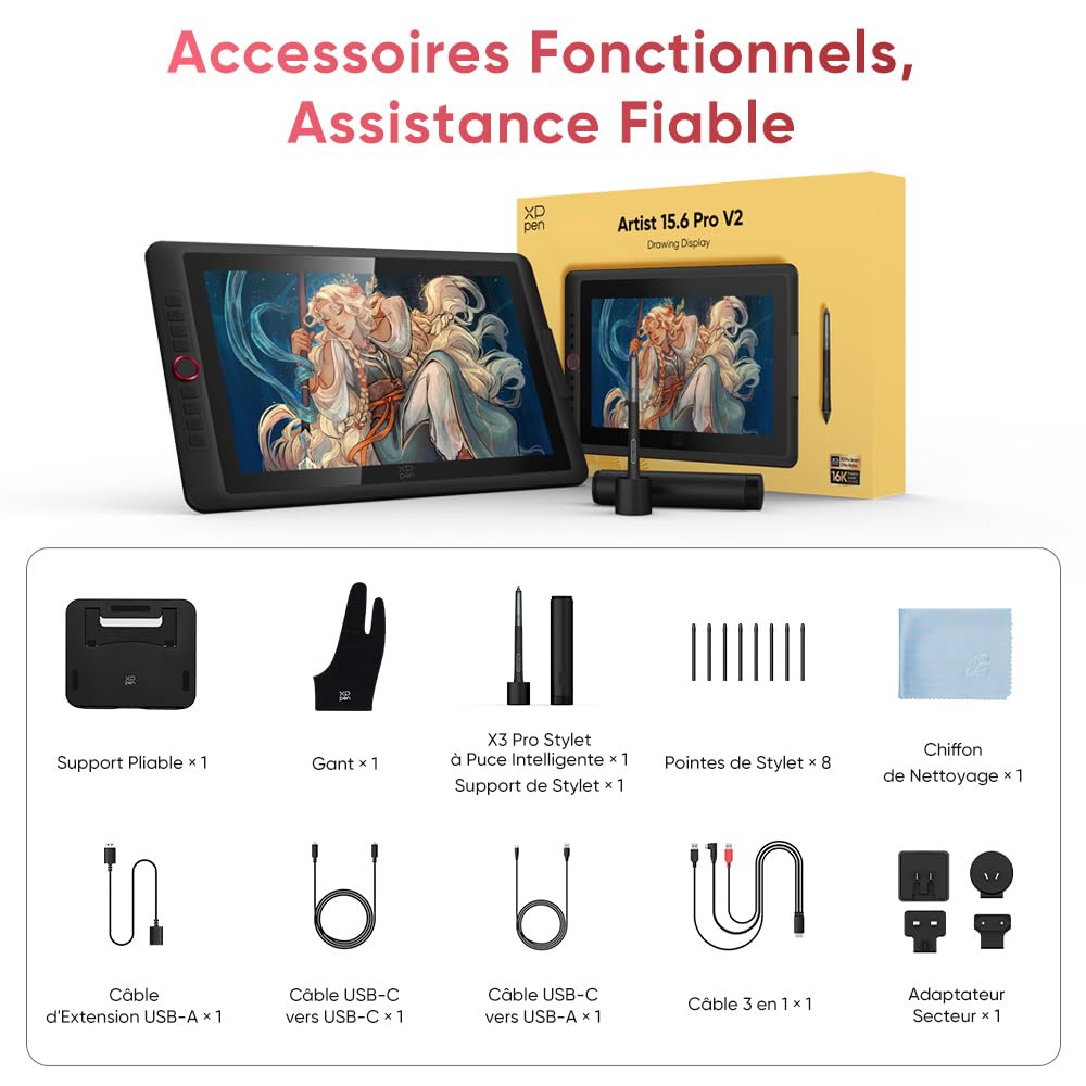 XPPen Artist 15.6 Pro V2 Tablette Graphique avec Écran, 16K(16384) Niveaux de Pression, Tablette Graphique Dessin Portable de 15,6 Pouces, 8 Raccourcis, Compatible avec Windows Chrome OS