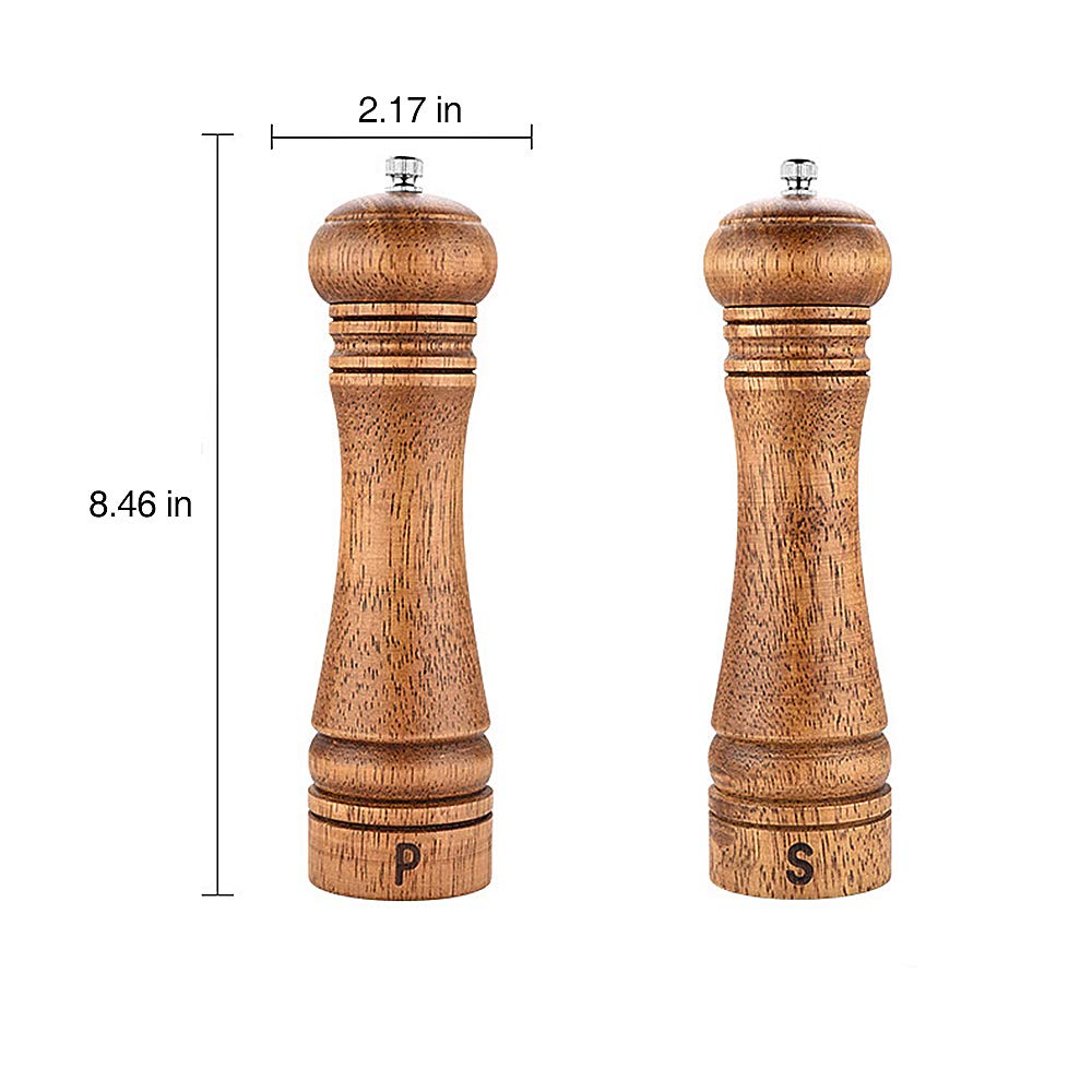 Set di 2 macinini per sale e pepe, in legno, ricaricabili, manuali, con rotore in ceramica regolabile, per peperoncino, chiodi di garofano, erbe aromatiche (14 cm